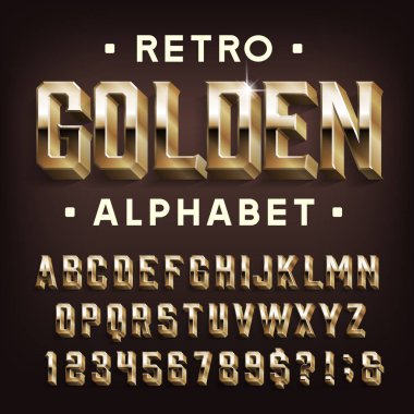 Retro Golden alfabe yazı tipi. 3d harfleri, sayıları ve sembolleri gölgeli etkiler. Tasarımınız için stok vektör tipi.