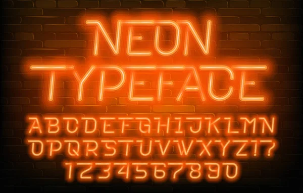 Neon Schrift Futuristische Orangefarbene Leuchtbuchstaben Und Zahlen Backsteinmauer Hintergrund Aktienvektorschrift — Stockvektor