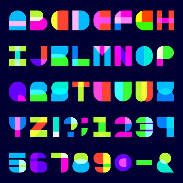 Abstrakte Farbenfrohe Schrift Blockbuchstaben Und Zahlen Mit Transparenz Aktienvektor Typoskript — Stockvektor