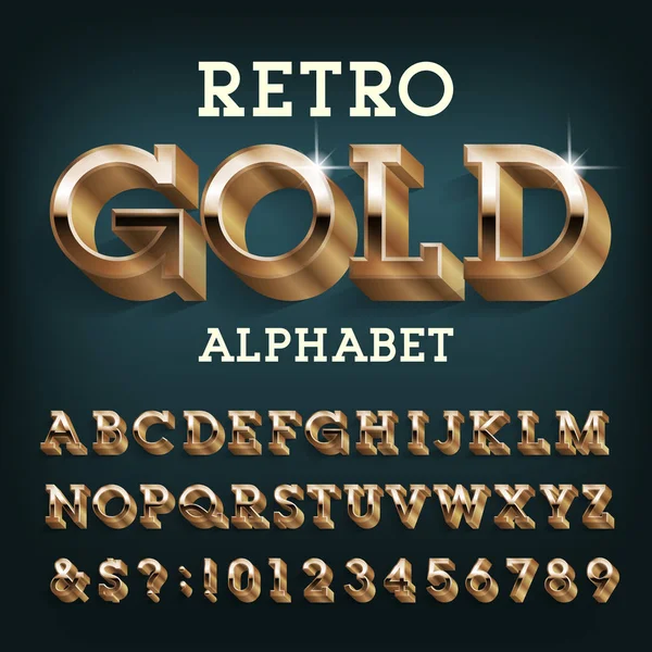 Czcionka Alfabetu Retro Gold Płyty Serif Litery Cyfry Symbole Cieniem — Wektor stockowy