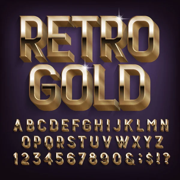 Retro Gold Alfabeto Fuente Efecto Letras Brillantes Números Símbolos Con — Vector de stock