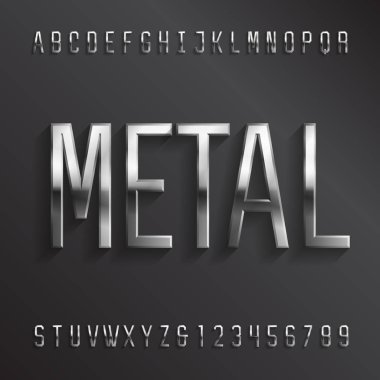 Metal alfabe yazı tipi. Çürümüş geometrik krom harfler ve gölgeli sayılar. Tasarımınız için stok vektör tipi.