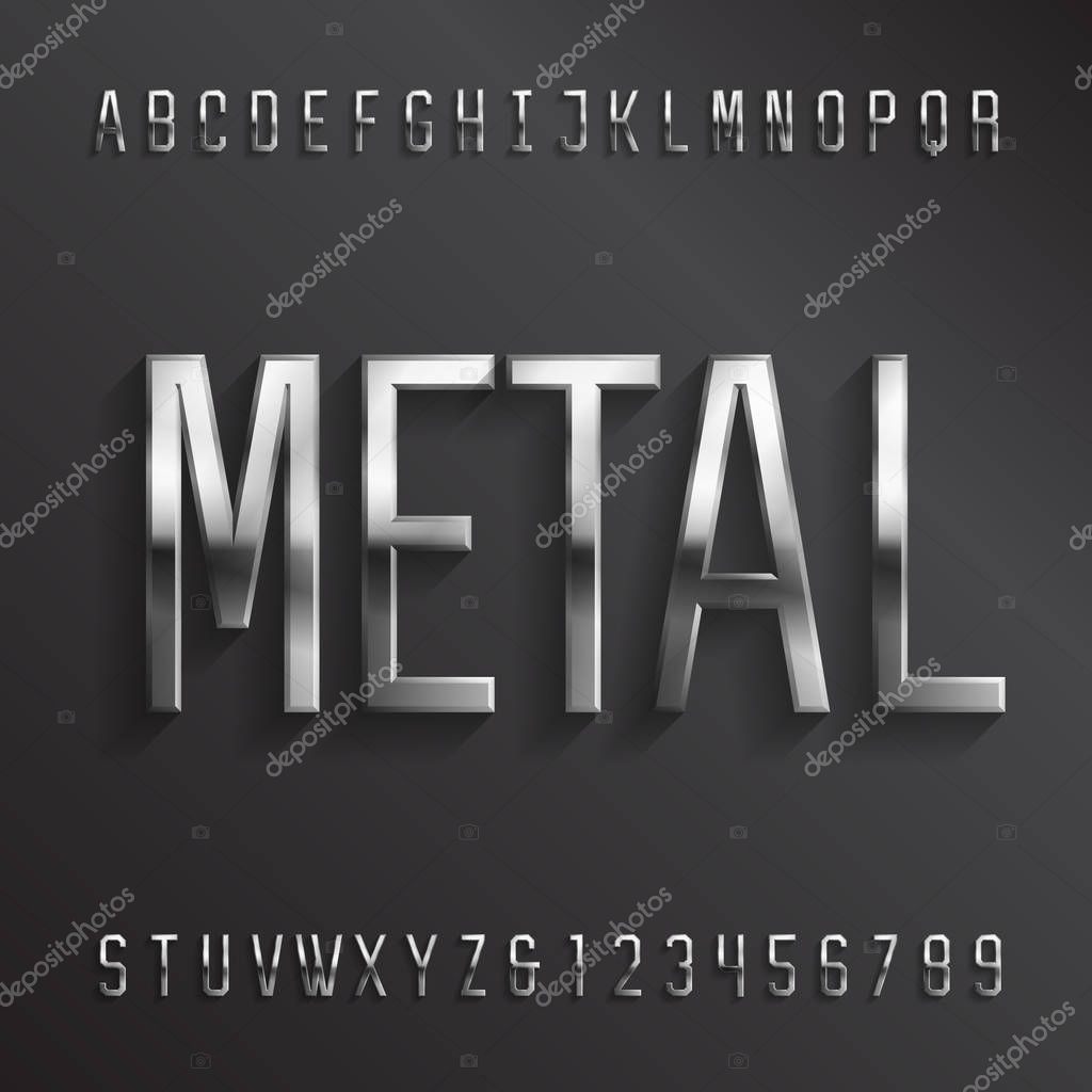 Metal alphabet font. Beveled geometric chrome letters and numbers with shadow. Stock vector typescript for your design.