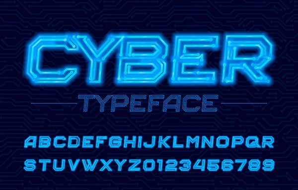 Cyber Alphabet Font Neon Electronic Letters Numbers Stock Vector Circuit — Stock Vector