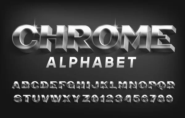 Chrome Czcionka Alfabetu Litery Cyfry Efektu Metalu Cieniem Typ Wektora — Wektor stockowy