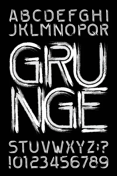 Grunge Alfabeto Fuente Letras Números Mayúsculas Dañados Sobre Fondo Negro — Archivo Imágenes Vectoriales