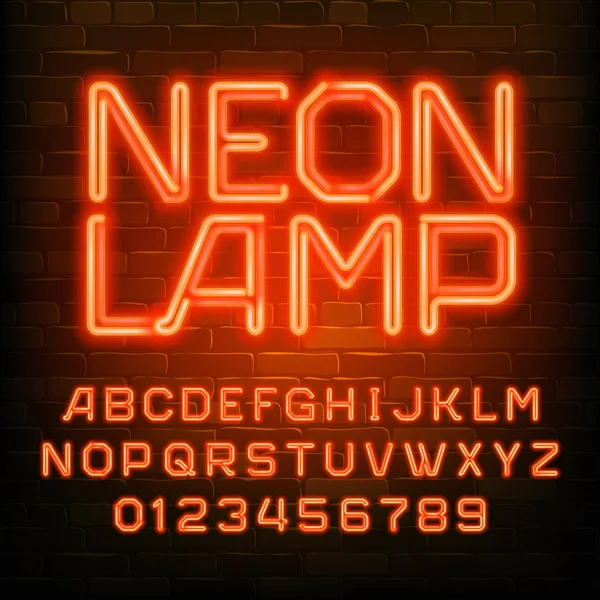 Schrift Für Neonlampen Orange Neon Retro Buchstaben Und Zahlen Backsteinmauer — Stockvektor