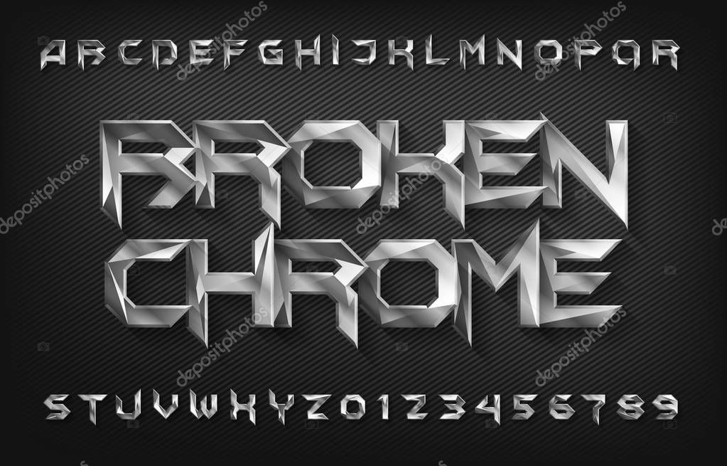 Broken Chrome alphabet font. Metal effect beveled letters and numbers. Stock vector typescript for your design.