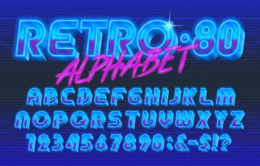 80 'lerin Retro alfabe yazı tipi. Parlak 3D harfler ve sayılar. Tipografi dizaynınız için stok vektör tipi.