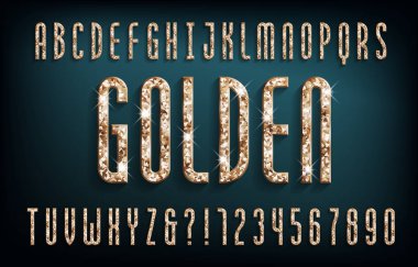 Altın alfabe yazı tipi. Altın parıltılı lüks harfler ve gölgeli sayılar. Tasarımınız için stok vektör tipi.