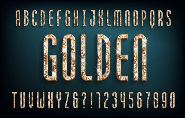 Gyllene Alfabetstypsnitt Gyllene Glitter Lyx Bokstäver Och Siffror Med Skugga — Stock vektor