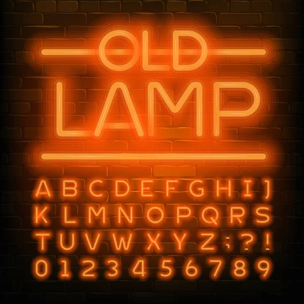 Oude Lamp Alfabet Lettertype Oranje Neon Retro Letters Cijfers Stenen — Stockvector