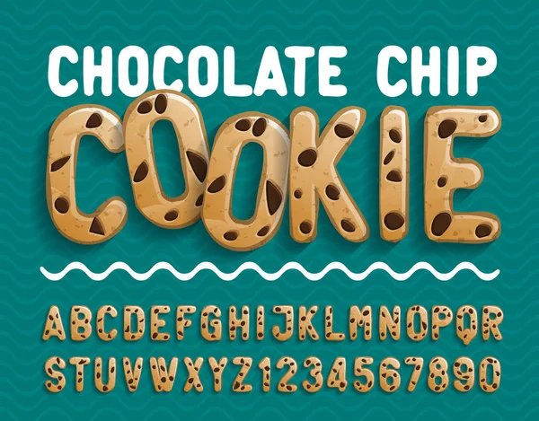 Chocolate Chip Czcionka Alfabetu Cookie Litery Cyfry Kreskówki Ilustracja Wektora — Wektor stockowy