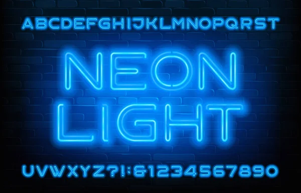 Schrift Für Neonlicht Alphabet Buchstaben Und Zahlen Blauem Neonlicht Backsteinmauer — Stockvektor