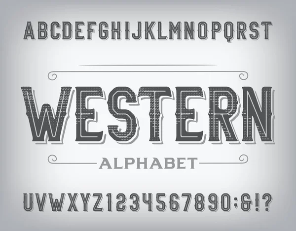 Westers Alfabet Lettertype Vintage Noodlijdende Letters Cijfers Voorraad Vector Typescript — Stockvector