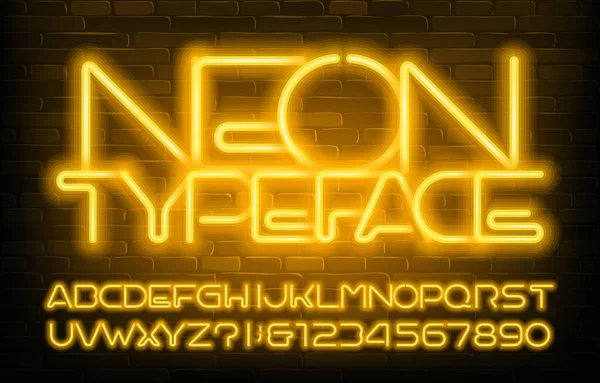 Yellow Neon Alfabeto Fuente Tipo Luz Neón Letras Números Fondo — Vector de stock