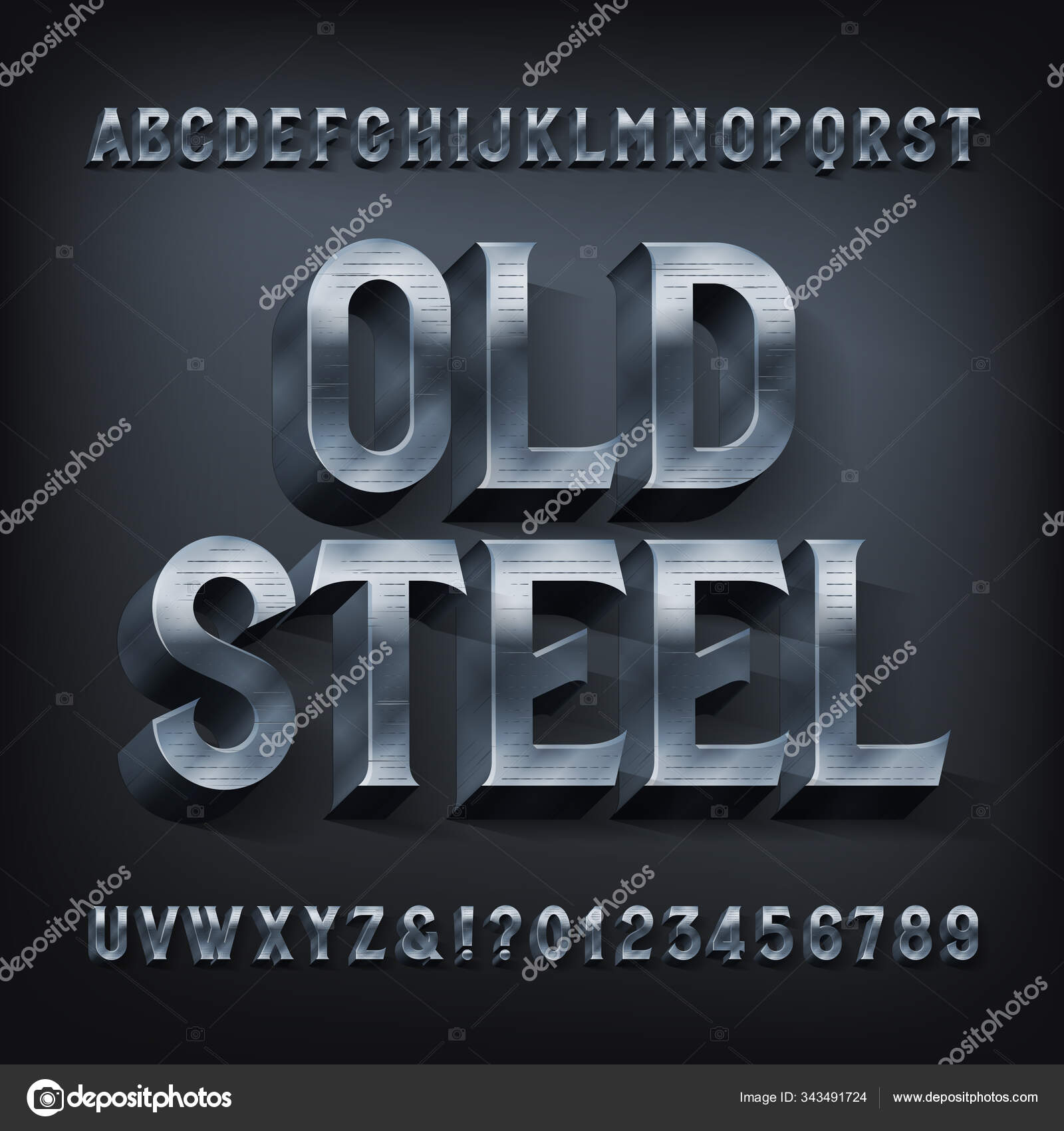 Alte Schrift Aus Stahl Metallbuchstaben Und Zahlen Aktienvektor Typoskript  Für Stock-Vektorgrafik von ©Epifantsev 343491724