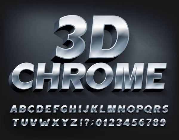 3D铬字母表字体 带有阴影的金属字母和数字 用于排版设计的股票矢量打字稿 — 图库矢量图片