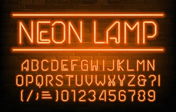 Schrift Für Neonlampen Orange Leuchtbuchstaben Zahlen Und Symbole Backsteinmauer Hintergrund — Stockvektor