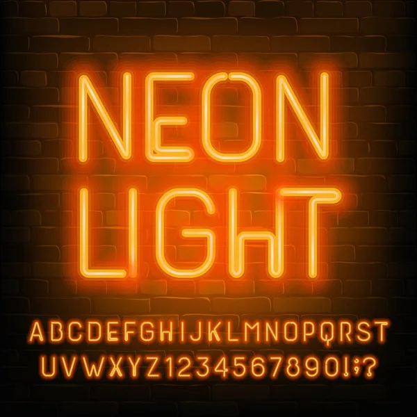 Γραμματοσειρά Νέον Φως Αλφάβητο Πορτοκαλί Νέον Ελαφρά Γράμματα Αριθμοί Και — Διανυσματικό Αρχείο