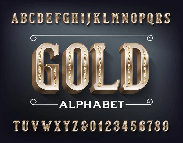 Fuente Gold Alphabet Adornado Letras Números Metal Dorado Tipo Vector — Vector de stock
