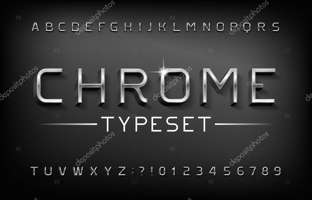 Chrome alphabet font. 3D metal letters and numbers with shadow. Stock vector typeset for your typography design.