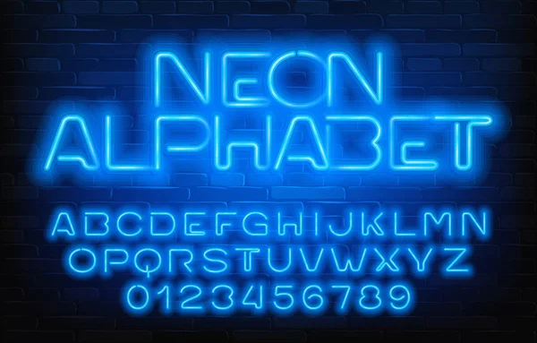 Neon Gloeiende Alfabet Lettertype Blauwe Neon Lichtletters Cijfers Stenen Muur — Stockvector