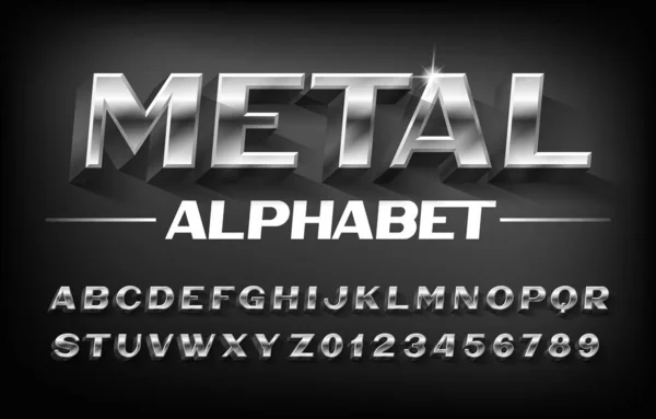 Metalowa Czcionka Alfabetu Ścięte Chromowane Litery Cyfry Cieniem Pismo Wektorowe — Wektor stockowy