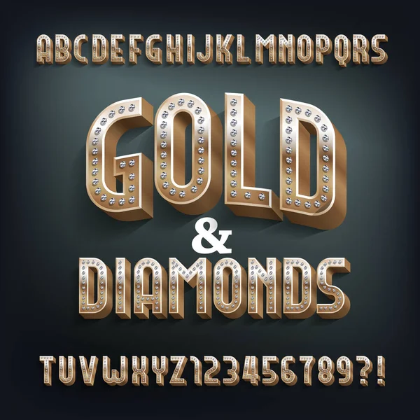 Gold Diamonds Fonte Alfabeto Letras Metal Dourado Números Tipo Vetor — Vetor de Stock