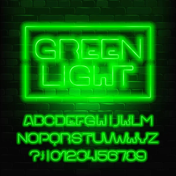 Green Light Alphabet Font Neon Light Letters Numbers Brick Wall — Stock Vector