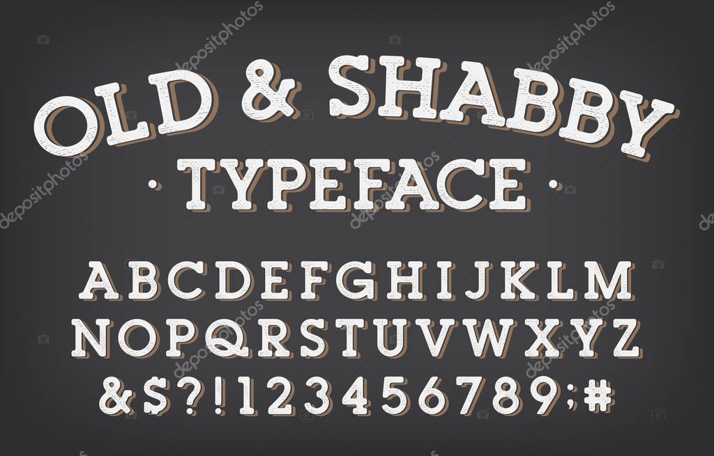 Old and Shabby alphabet font. Vintage letters and numbers. Stock vector typeface for your typography design.