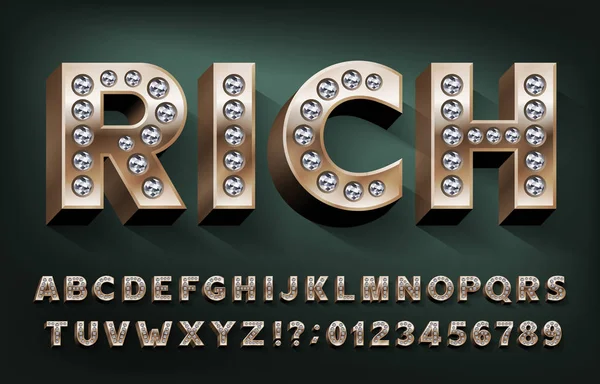 Rich Ábécé Betűtípus Arany Betűk Számok Gyémántokkal Stock Vektor Típuskészlet — Stock Vector