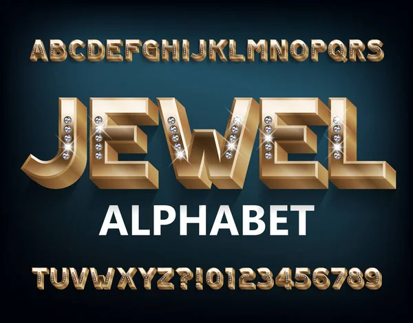 Jewel Alphabet Font Gold Metal Letters Numbers Diamonds Stock Vector — Stock Vector