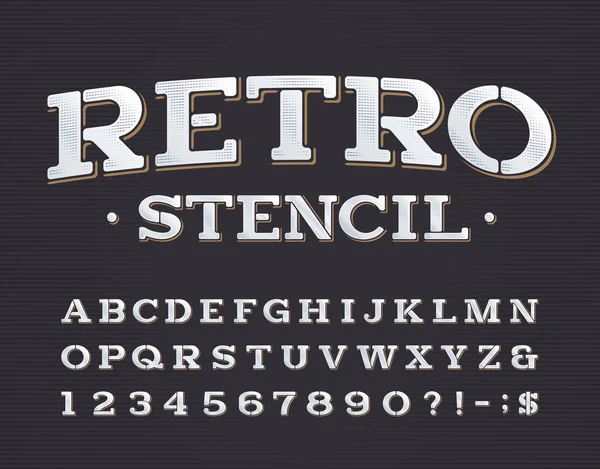 Caratteri Alfabetici Retro Stencil Lettere Numeri Simboli Del Serif Caratteristica — Vettoriale Stock