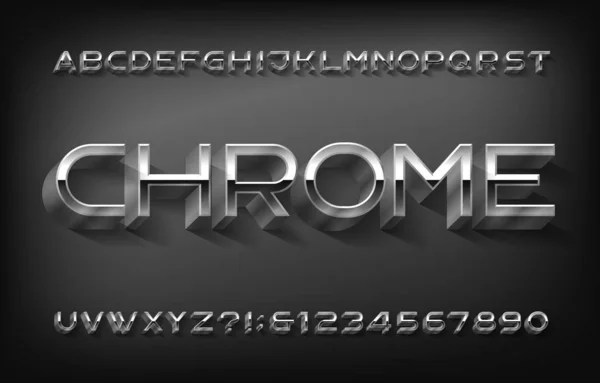 Chrome Czcionka Alfabetu Cienkie Metaliczne Litery Cyfry Cieniem Typy Wektorów — Wektor stockowy