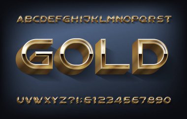 Altın alfabe yazı tipi. 3D modern altın harfler ve sayılar. Tasarımınız için stok vektör tipi.