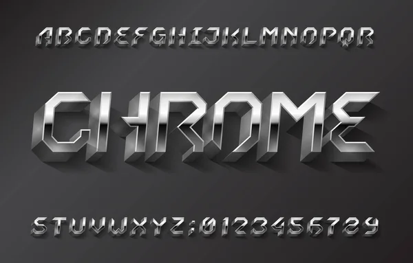 Chrome Czcionka Alfabetu Futurystyczne Metaliczne Litery Cyfry Cieniem Typy Wektorów — Wektor stockowy