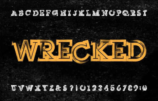 Wrecked Alphabet Font Grunge Uppercase Letters Numbers Halftone Background Vector — Stock Vector