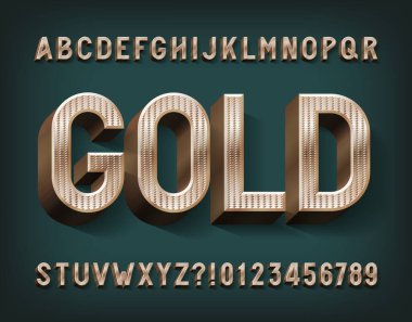 Altın alfabe yazı tipi. 3D altın harfler ve sayılar. Tipografi dizaynınız için stok vektör tipi.