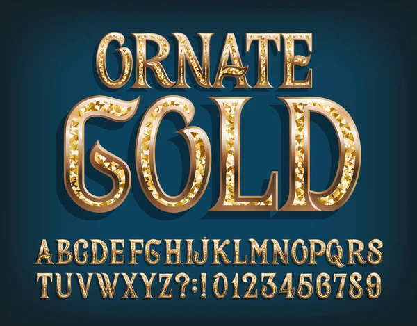 Ornate Gold Alfabeto Fuente Cartas Números Dorados Tipo Vector Stock — Vector de stock