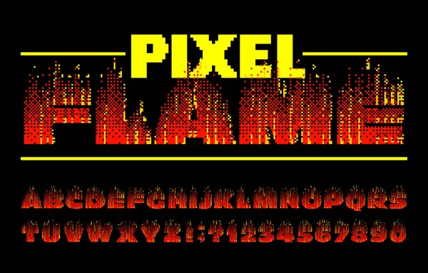 Pixel Flame Alfabet Lettertype Digitaal Vuur Effect Letters Cijfers 80S — Stockvector