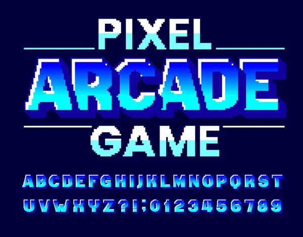 Caratteri Alfabetici Pixel Arcade Game Lettere Numeri Effetti Digitali Dattiloscritto — Vettoriale Stock