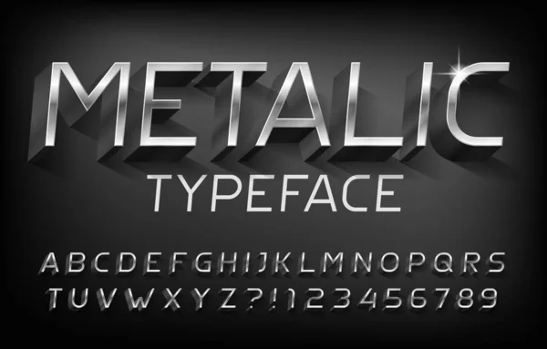 Fuente Metallic Alphabet Efecto Cromo Letras Números Con Sombra Tipo — Vector de stock