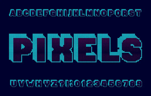 Pixels Alfabet Lettertype Digitale Pixel Letters Cijfers 80S Retro Stijl — Stockvector