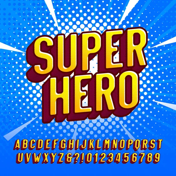 Superhero Alphabet Font Letters Numbers Retro Comic Style Halftone Background — Stock Vector