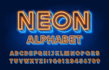 Neon alfabe yazı tipi. 3 boyutlu efekt neon ışıklı harfler ve sayılar. Tasarımınız için stok vektör tipi.