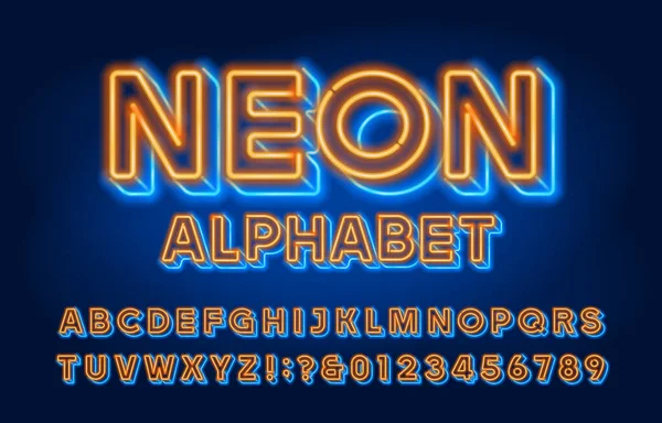 Alfabet Neonowy Efekt Neonowe Litery Cyfry Światła Pismo Wektorowe Dla — Wektor stockowy