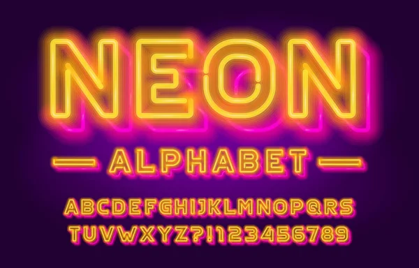Neon Alphabet Font Effect Bright Neon Light Letters Numbers Stock — Stock Vector