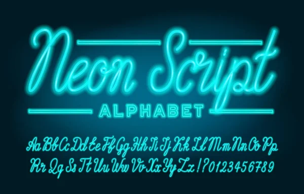 Neon Script Alfabet Lettertype Met Hand Getekend Neon Licht Letters — Stockvector