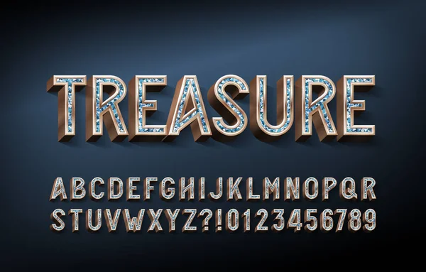 Fuente Del Alfabeto Treasure Letras Oro Números Con Piedras Preciosas — Vector de stock